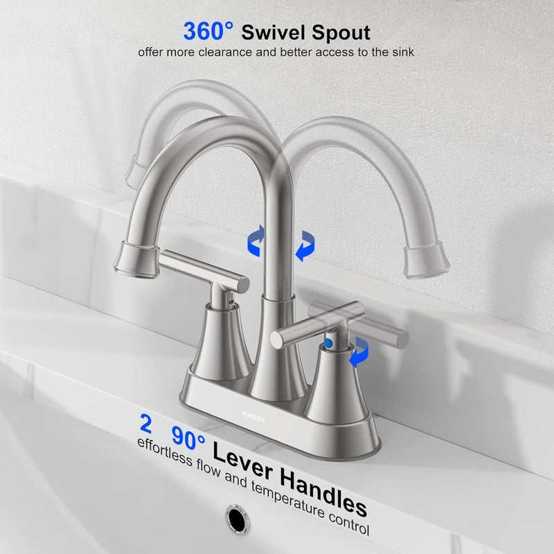 Hurran Bathroom Faucets for Sink 3 Hole, 4 inch Brushed Nickel Bathroom Sink Faucet with Pop-up Drain and Supply Hoses, Stainless Steel Lead-Free Centerset Faucet for Vanity RV, 2 Pack - Image 3